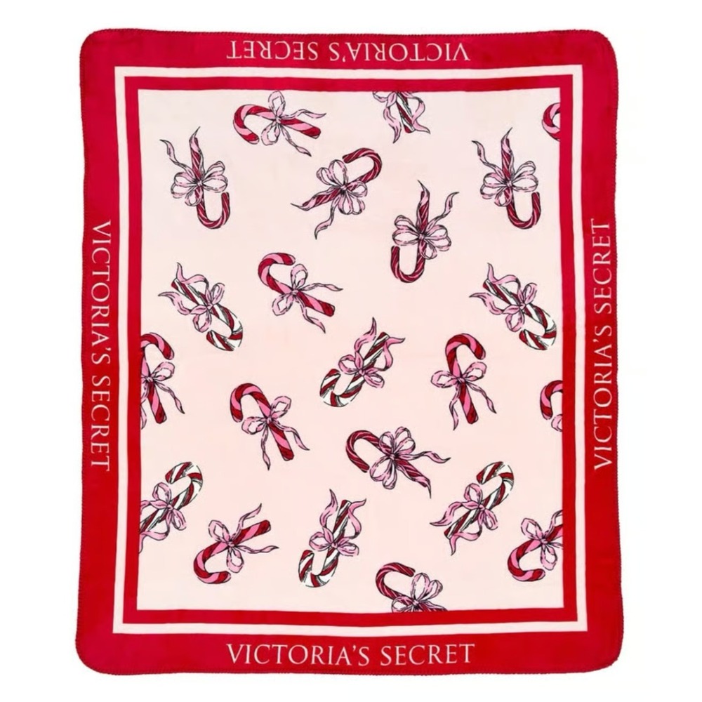 NWT Victoria's Secret Pink Blanket Candy Cane Bow Holiday 2025 Plush Throw 50x60